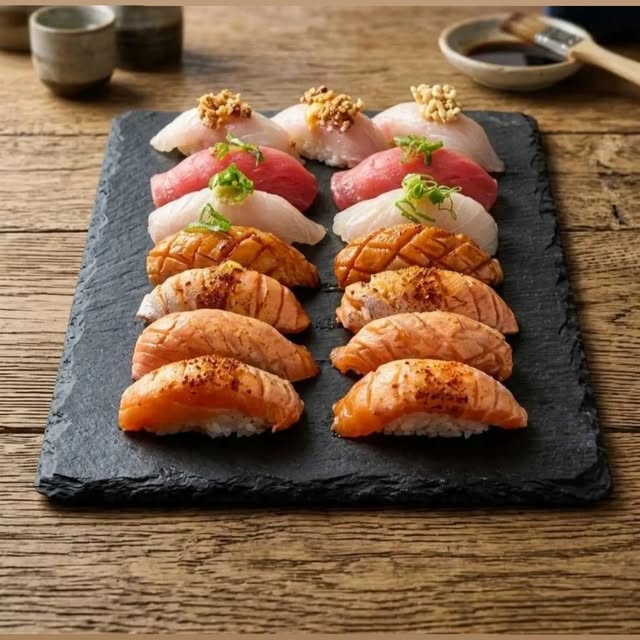 Tabla surtida de sashimi, salmón y atún